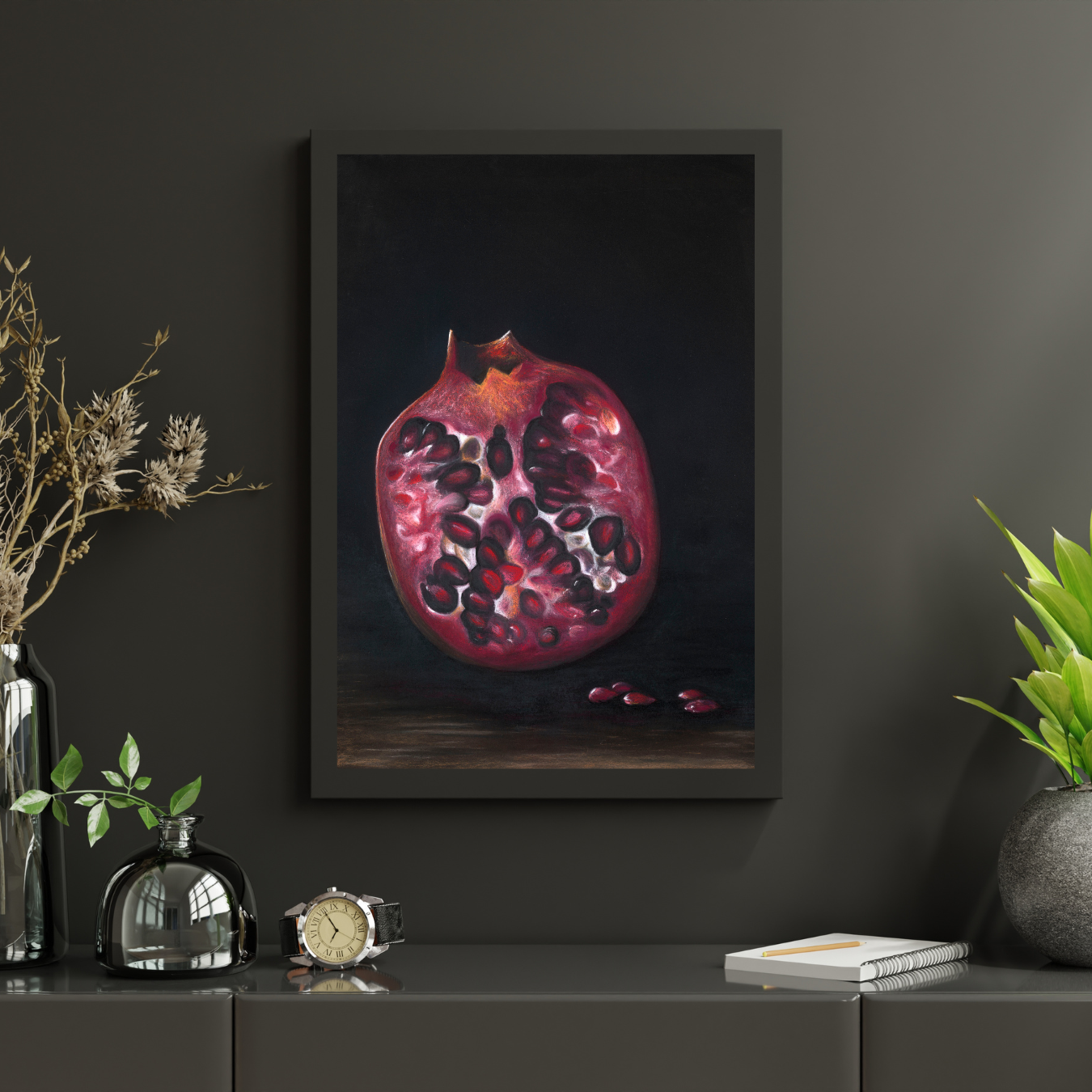 Midnight Pomegranate. Giclee Print. Framed and ready to hang 42 x 58cm (framed size 59 x 77cm)