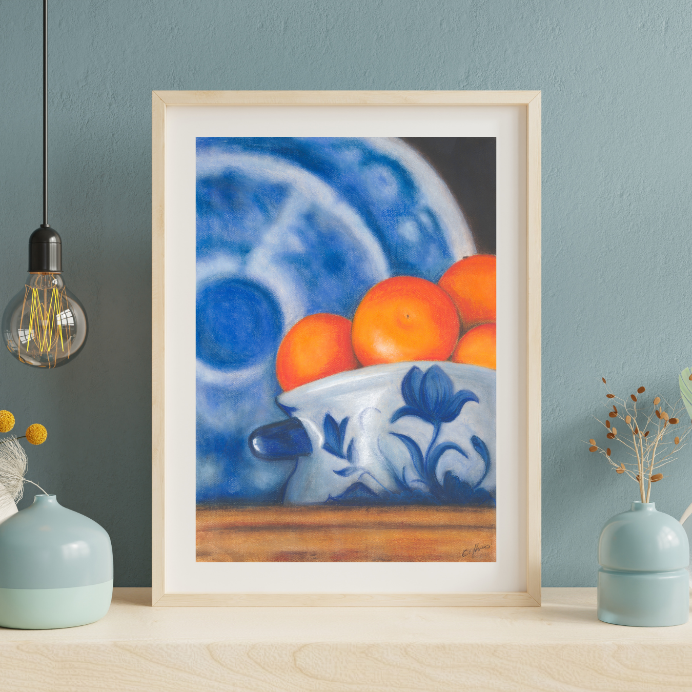 Oranges in Blue China Bowl. Original Pastel Painting (50 x 70cm)