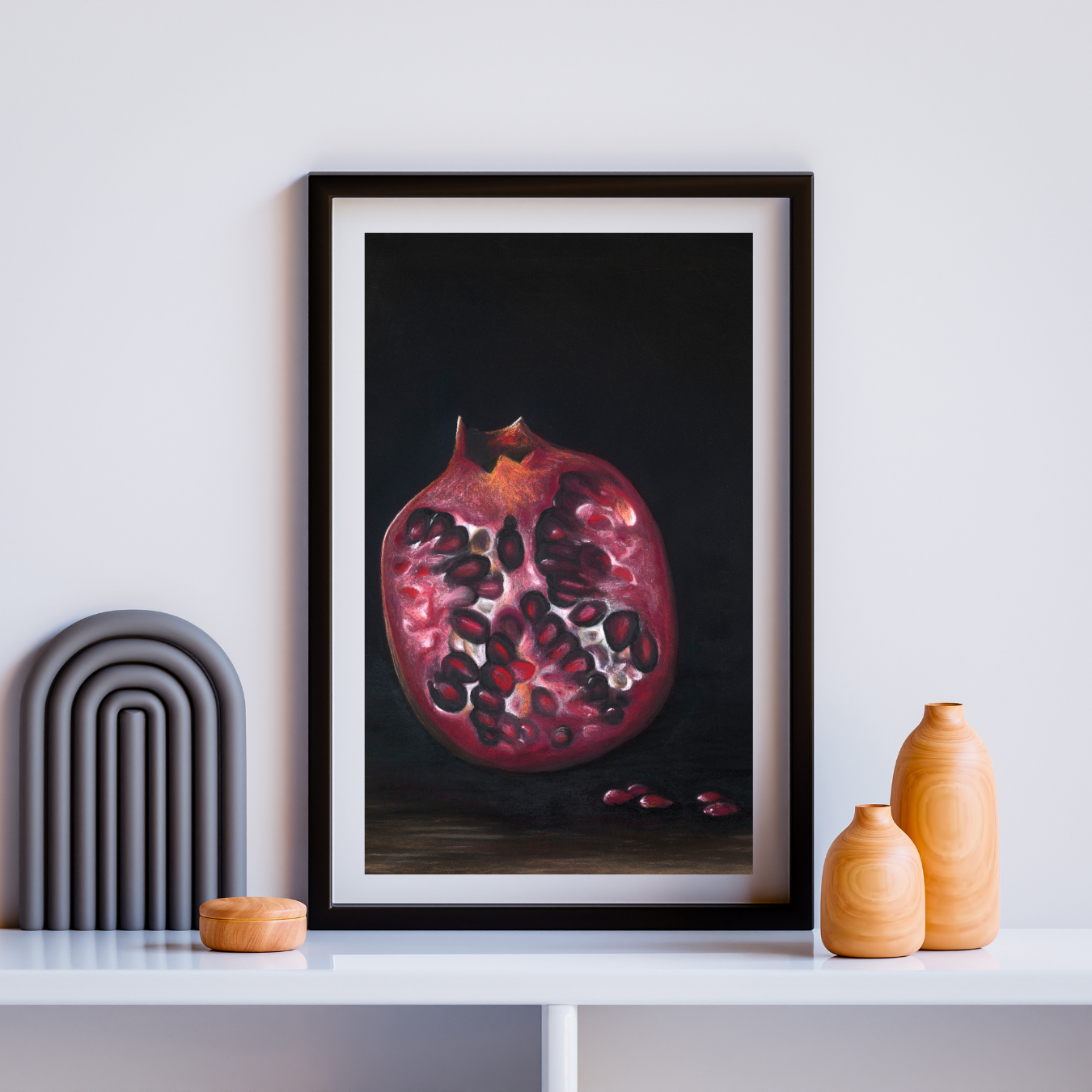 Midnight Pomegranate. Giclee Print. Framed and ready to hang 42 x 58cm (framed size 59 x 77cm)