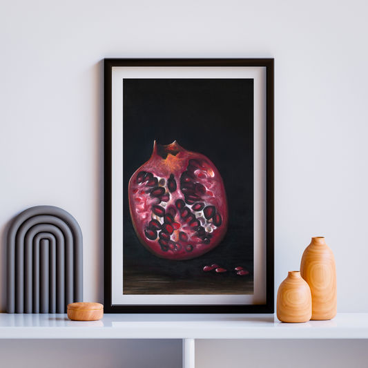 Midnight Pomegranate. Giclee Print. Framed and ready to hang 42 x 58cm (framed size 59 x 77cm)
