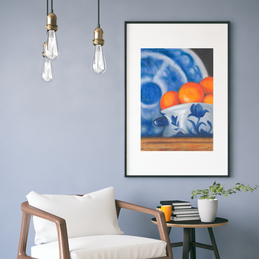 Oranges in Blue China Bowl. Giclee Print. 42 x 58cm. (Frame size 59 x 77cm)